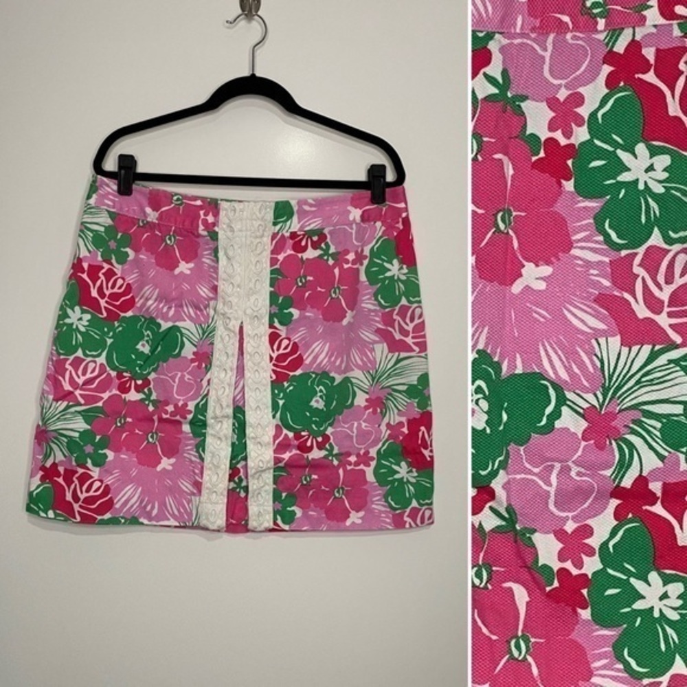 ISLAND REPUBLIC preppy tropical mini a-line skirt lace front pleat